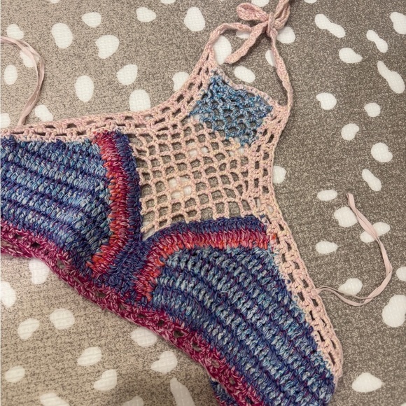 Zara crochet halter cropped top lavender pink cream boho open back high neck - Picture 6 of 8